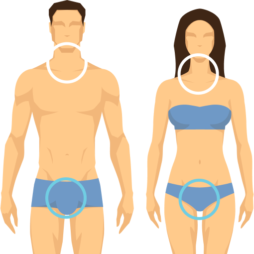 Illustration représentant un homme (gauche) et une femme (droite) indiquant les zones susceptibles d'être touchées par des cancers liés au VPH, comme le cou et les organes génitaux.